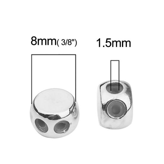 Picture of Brass Slider Clasp Beads Round Silver Tone With Adjustable Silicone Core 8mm Dia., Hole: 1.5mm, 3 PCs