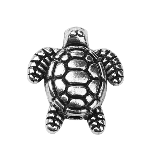 Picture of Zinc Based Alloy 3D Beads Tortoise Animal Antique Silver Color 13mm x 12mm, Hole: Approx 1.3mm, 50 PCs