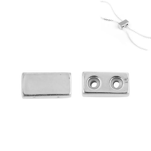 Picture of Brass Slider Clasp Beads Rectangle Silver Tone With Adjustable Silicone Core 8mm x 4mm, Hole: 1.5mm, 10 PCs