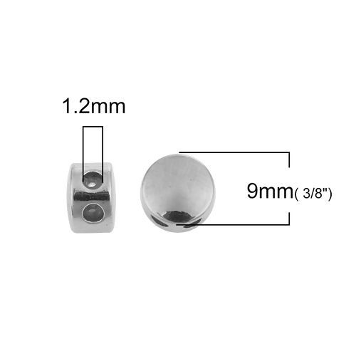 Picture of Brass Slider Clasp Beads Round Silver Tone With Adjustable Silicone Core 9mm( 3/8") Dia., Hole: 1.2mm, 3 PCs