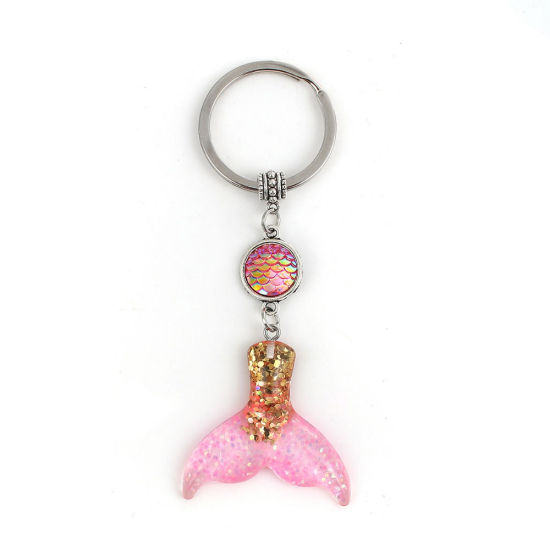 Picture of Acrylic Mermaid Fish/ Dragon Scale Keychain & Keyring Mermaid Antique Silver Color Blue AB Rainbow Color Glitter 10.5cm x 3.9cm, 1 Piece