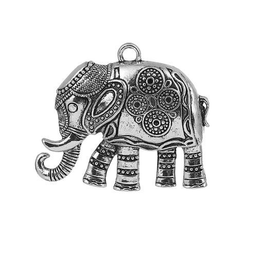 Picture of Zinc Based Alloy Pendants Elephant Animal Antique Silver Color (Can Hold ss5 Pointed Back Rhinestone) 59mm(2 3/8") x 48mm(1 7/8"), 5 PCs