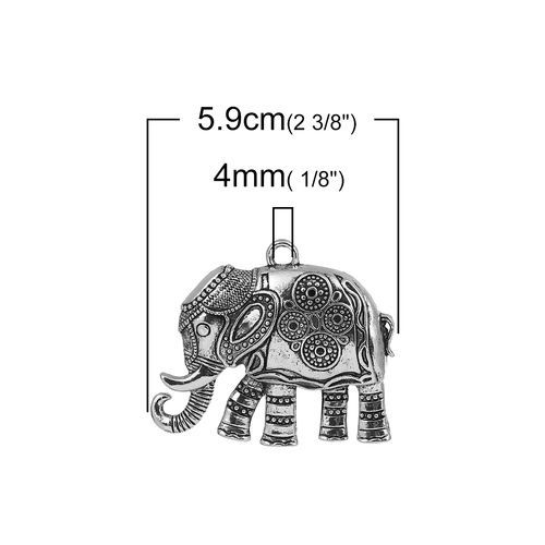 Picture of Zinc Based Alloy Pendants Elephant Animal Antique Silver Color (Can Hold ss5 Pointed Back Rhinestone) 59mm(2 3/8") x 48mm(1 7/8"), 5 PCs