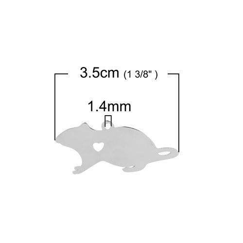 Bild von Edelstahl Haustier Silhouette Leere Stempeletiketten Anhänger Maus Herz Silberfarbe Rollen polieren 35mm x 15mm, 2 Stück