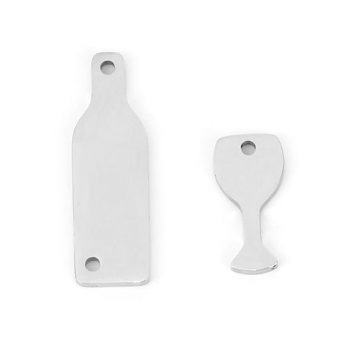 Imagen de 201 Stainless Steel Charms Connectors Wine Glass Bottle Goblet Silver Tone 23mm x7mm( 7/8" x 2/8") 14mm x7mm( 4/8" x 2/8"), 2 Sets