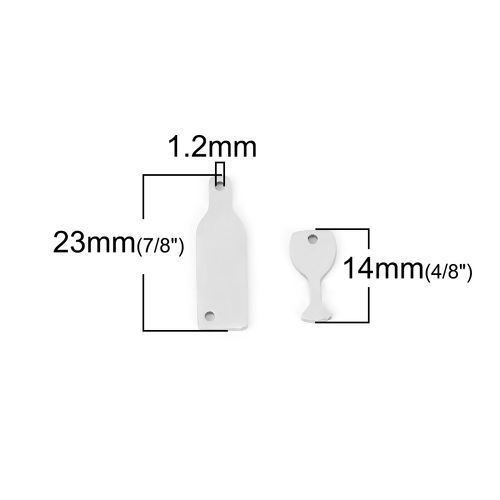 Imagen de 201 Stainless Steel Charms Connectors Wine Glass Bottle Goblet Silver Tone 23mm x7mm( 7/8" x 2/8") 14mm x7mm( 4/8" x 2/8"), 2 Sets