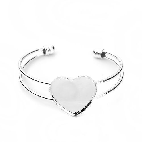 Picture of Brass Open Cuff Bangles Bracelets Heart Silver Plated Cabochon Settings (Fits 25mmx25mm) 16cm(6 2/8") long, 1 Piece                                                                                                                                           