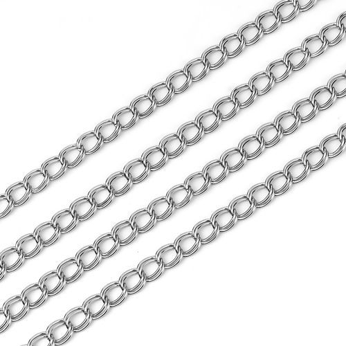 Picture of 304 Stainless Steel Open Link Curb Chain Silver Tone 7.5x5.5mm( 2/8" x 2/8"), 5 M