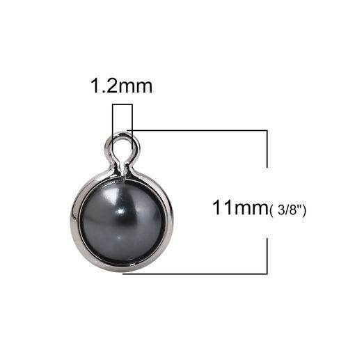 真鍮 チャーム 円形 リアルプラチナメッキ グレー パール模造 11mm x 8mm、 10 個 の画像