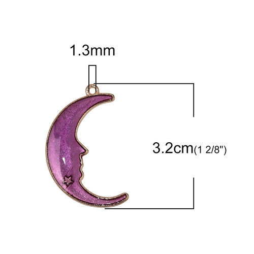 Imagen de Zamak Galaxia Colgantes Luna Media Chapado en Oro Púrpura Estrella Esmalte 32mm x 20mm, 20 Unidades