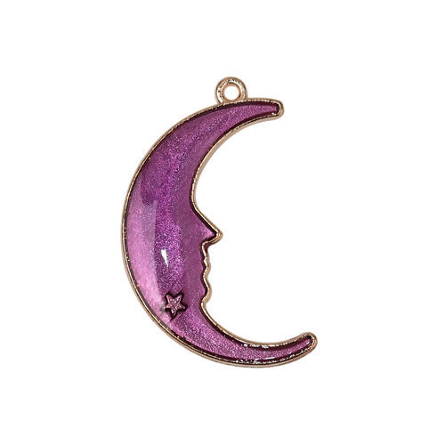 Imagen de Zamak Galaxia Colgantes Luna Media Chapado en Oro Púrpura Estrella Esmalte 32mm x 20mm, 20 Unidades