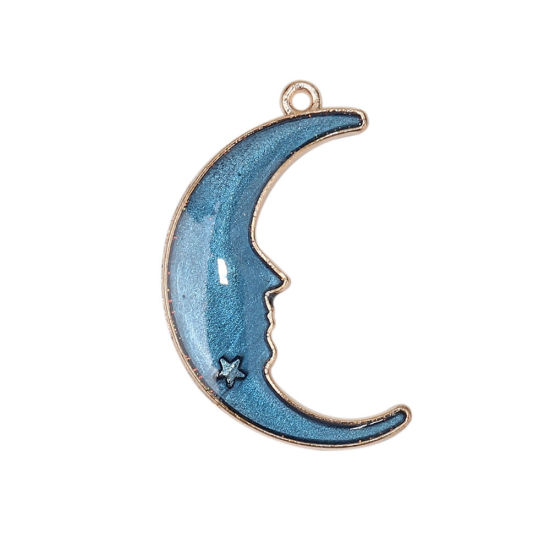 Imagen de Zamak Galaxia Colgantes Luna Media Chapado en Oro Púrpura Estrella Esmalte 32mm x 20mm, 20 Unidades