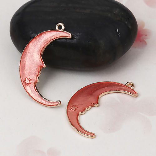 Imagen de Zamak Galaxia Colgantes Luna Media Chapado en Oro Rosado Estrella Esmalte 32mm x 20mm, 20 Unidades