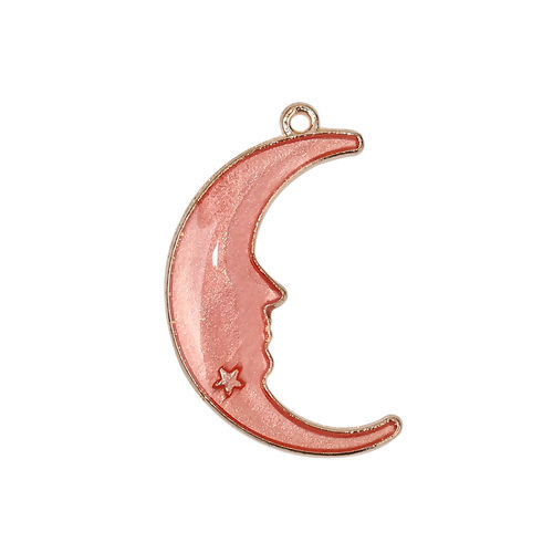 Imagen de Zamak Galaxia Colgantes Luna Media Chapado en Oro Rosado Estrella Esmalte 32mm x 20mm, 20 Unidades
