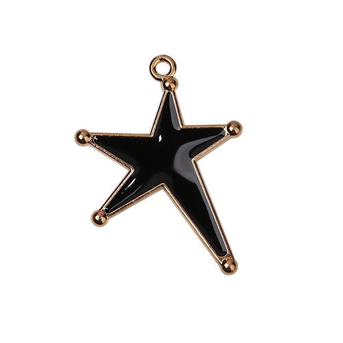 Bild von Zinklegierung Galaxis Anhänger Pentagramm Stern Vergoldet Schwarz Emaille 32mm x 24mm, 20 Stück