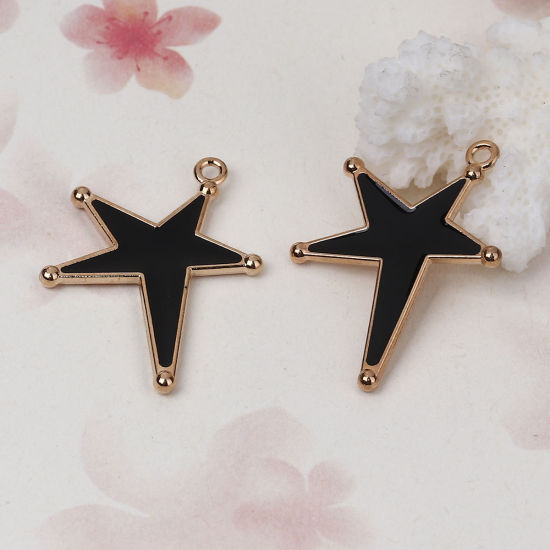 Bild von Zinklegierung Galaxis Anhänger Pentagramm Stern Vergoldet Schwarz Emaille 32mm x 24mm, 20 Stück