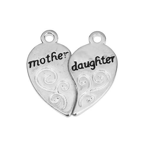 Immagine di Lega di Zinco Charms Cuore Spezzato Argento Placcato Messaggio " Mother & Daughter " 25mm x 13mm 25mm x12mm , 5 Seri