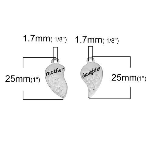 Immagine di Lega di Zinco Charms Cuore Spezzato Argento Placcato Messaggio " Mother & Daughter " 25mm x 13mm 25mm x12mm , 5 Seri
