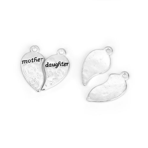 Immagine di Lega di Zinco Charms Cuore Spezzato Argento Placcato Messaggio " Mother & Daughter " 25mm x 13mm 25mm x12mm , 5 Seri