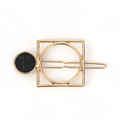 Picture of Hair Clips Findings Square Gold Plated Black Marble Effect 56mm x 30mm, 2 PCs