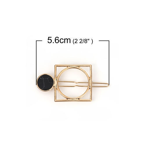 Picture of Hair Clips Findings Square Gold Plated Black Marble Effect 56mm x 30mm, 2 PCs