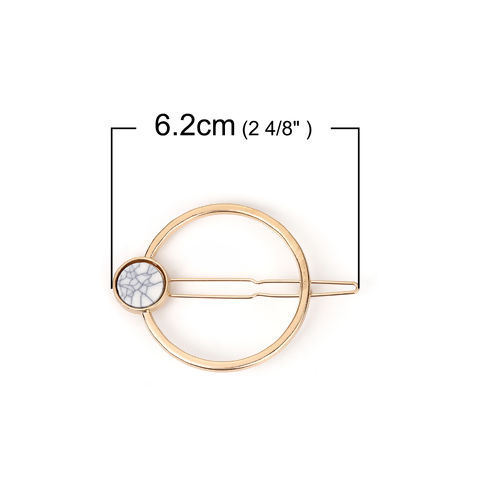Picture of Hair Clips Findings Circle Ring Gold Plated White Marble Effect 62mm x 44mm, 2 PCs