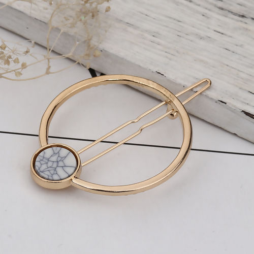 Picture of Hair Clips Findings Circle Ring Gold Plated White Marble Effect 62mm x 44mm, 2 PCs