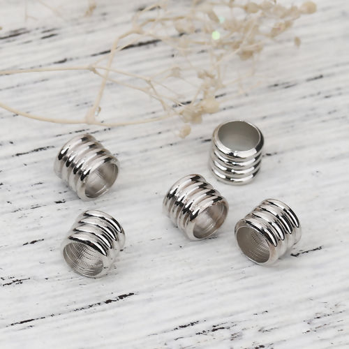 Picture of Brass Beads Cylinder Silver Tone Stripe About 6mm( 2/8") x 6mm( 2/8"), Hole: Approx 3.8mm, 20 PCs                                                                                                                                                             