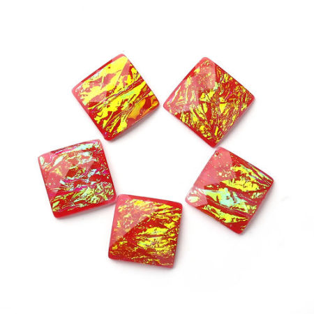 Picture of Resin AB Rainbow Color Aurora Borealis Dome Seals Cabochon Square Red Faceted 16mm( 5/8") x 16mm( 5/8"), 30 PCs