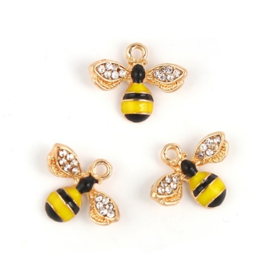 Imagen de Zamak Colgantes Charms Abejas Chapado en Oro Amarillo Transparente Rhinestone Esmalte 17mm x 14mm, 10 Unidades