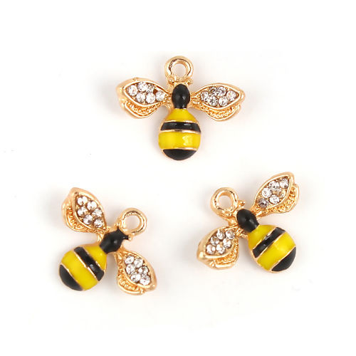 Imagen de Zamak Colgantes Charms Abejas Chapado en Oro Amarillo Transparente Rhinestone Esmalte 17mm x 14mm, 10 Unidades