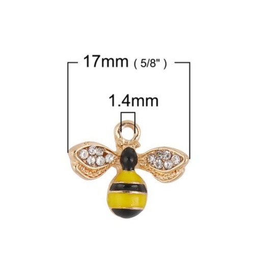 Imagen de Zamak Colgantes Charms Abejas Chapado en Oro Amarillo Transparente Rhinestone Esmalte 17mm x 14mm, 10 Unidades