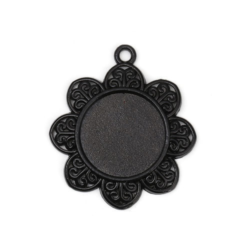 Picture of Zinc Based Alloy Pendants Flower Black Cabochon Settings (Fits 20mm Dia.) 40mm x 35mm, 10 PCs