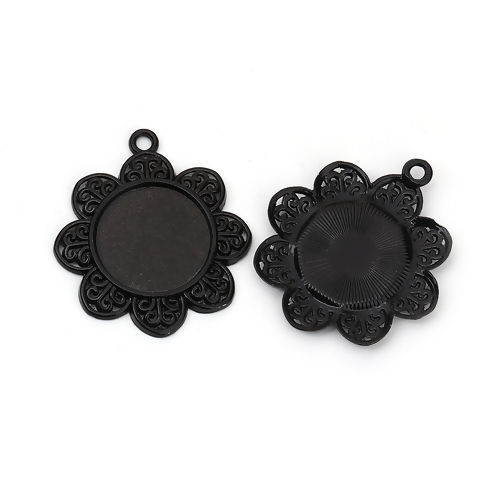 Picture of Zinc Based Alloy Pendants Flower Black Cabochon Settings (Fits 20mm Dia.) 40mm x 35mm, 10 PCs