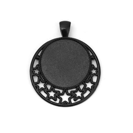 Immagine di Lega di Zinco Charm Ciondoli Tondo Nero Stella a Cinque Punte Basi per Cabochon (Adatto 25mm) 44mm x 36mm, 10 Pz