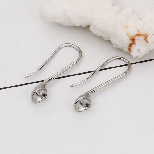 Bild von Messing Ohrring Ohr Haken Silberfarbe (Für 10mm D. Perlen) 29mm x 6mm, Drahtstärke: (18 gauge), 3 Paare