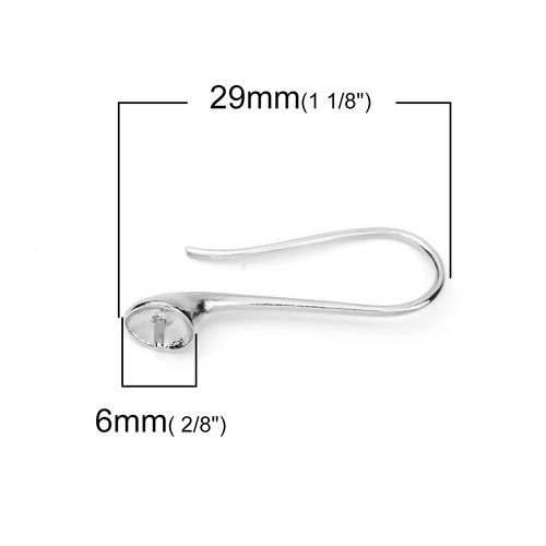 Bild von Messing Ohrring Ohr Haken Silberfarbe (Für 10mm D. Perlen) 29mm x 6mm, Drahtstärke: (18 gauge), 3 Paare