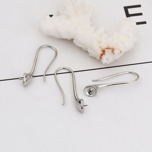 Bild von Messing Ohrring Ohr Haken Silberfarbe (Für 10mm D. Perlen) 29mm x 6mm, Drahtstärke: (18 gauge), 3 Paare
