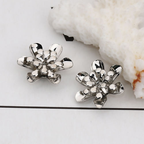 Picture of Brass Beads Caps Flower Silver Tone (Fit Beads Size: 14mm Dia.) 15mm( 5/8") x 14mm( 4/8"), 10 PCs                                                                                                                                                             