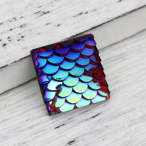 Picture of Resin Mermaid Fish/ Dragon Scale Dome Seals Cabochon Square Dark Red AB Color 16mm( 5/8") x 16mm( 5/8"), 50 PCs