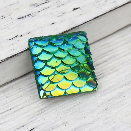 Picture of Resin Mermaid Fish/ Dragon Scale Dome Seals Cabochon Square Green AB Color 16mm( 5/8") x 16mm( 5/8"), 50 PCs