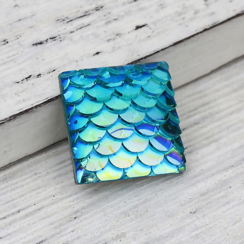 Picture of Resin Mermaid Fish/ Dragon Scale Dome Seals Cabochon Square Green Blue AB Color 16mm( 5/8") x 16mm( 5/8"), 50 PCs