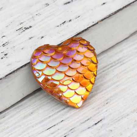 Picture of Resin Mermaid Fish/ Dragon Scale Dome Seals Cabochon Heart Orange AB Color 16mm( 5/8") x 16mm( 5/8"), 50 PCs