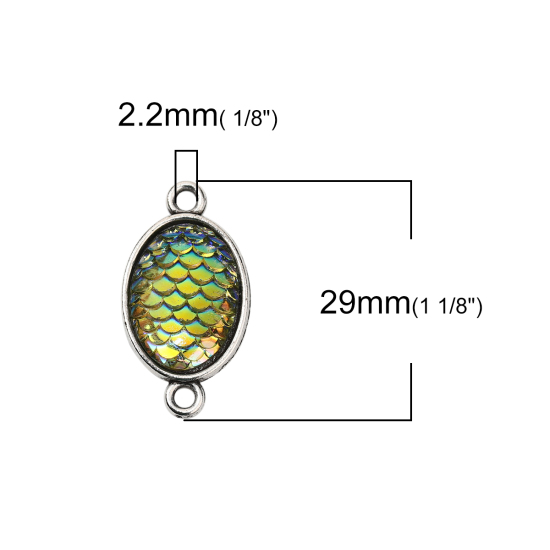 Bild von Zinklegierung + Harz Meerjungfrau/Drachen Fischschuppen Verbinder Oval Antiksilber Blau AB Farbe, 29mm x 16mm, 10 Stück