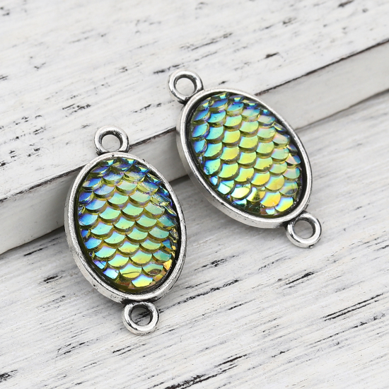 Bild von Zinklegierung + Harz Meerjungfrau/Drachen Fischschuppen Verbinder Oval Antiksilber Blau AB Farbe, 29mm x 16mm, 10 Stück