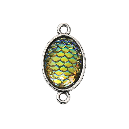 Bild von Zinklegierung + Harz Meerjungfrau/Drachen Fischschuppen Verbinder Oval Antiksilber Blau AB Farbe, 29mm x 16mm, 10 Stück