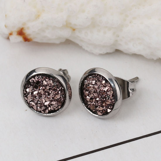 Picture of 304 Stainless Steel Druzy/ Drusy Ear Post Stud Earrings Silver Tone Fuchsia Round AB Color 10mm( 3/8") Dia., Post/ Wire Size: (19 gauge), 2 Pairs”