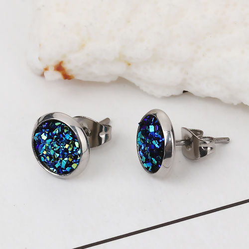 Picture of 304 Stainless Steel Druzy/ Drusy Ear Post Stud Earrings Silver Tone Blue Round AB Color 10mm( 3/8") Dia., Post/ Wire Size: (19 gauge), 2 Pairs”