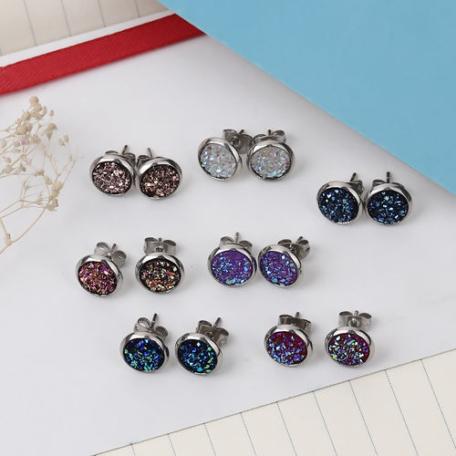 Picture of 304 Stainless Steel Druzy/ Drusy Ear Post Stud Earrings Silver Tone Blue Round AB Color 10mm( 3/8") Dia., Post/ Wire Size: (19 gauge), 2 Pairs”