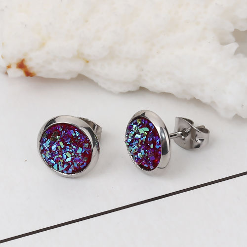 Picture of 304 Stainless Steel Druzy/ Drusy Ear Post Stud Earrings Silver Tone Red Round AB Color 10mm( 3/8") Dia., Post/ Wire Size: (19 gauge), 2 Pairs”